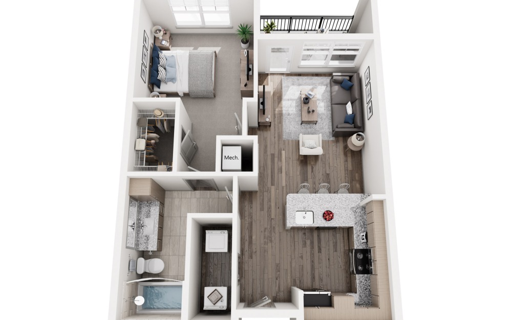 A1 - 1 bedroom floorplan layout with 1 bathroom and 675 square feet (3D)