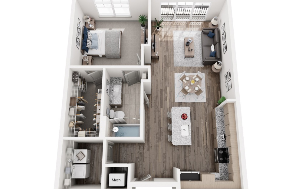 A3 - 1 bedroom floorplan layout with 1 bathroom and 826 square feet (3D)