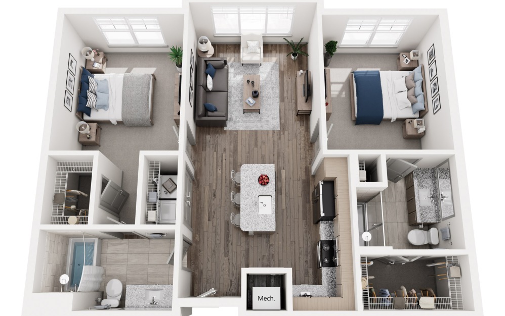 B1 - 2 bedroom floorplan layout with 2 bathrooms and 962 square feet (3D)