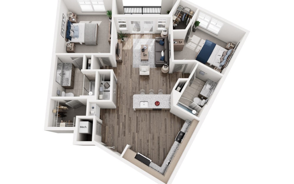 B2 - 2 bedroom floorplan layout with 2 bathrooms and 1078 square feet (3D)