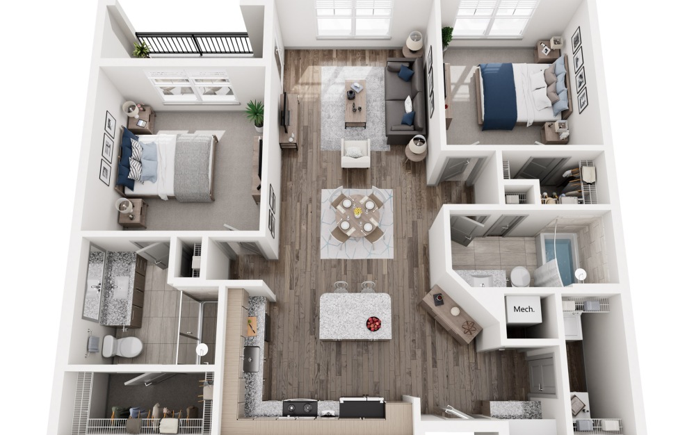 B4 - 2 bedroom floorplan layout with 2 bathrooms and 1080 square feet (3D)