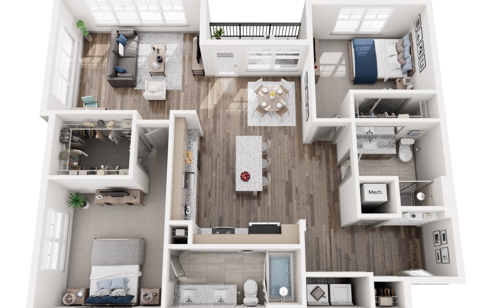 B5 - 2 bedroom floorplan layout with 2 bathrooms and 1220 square feet (3D)
