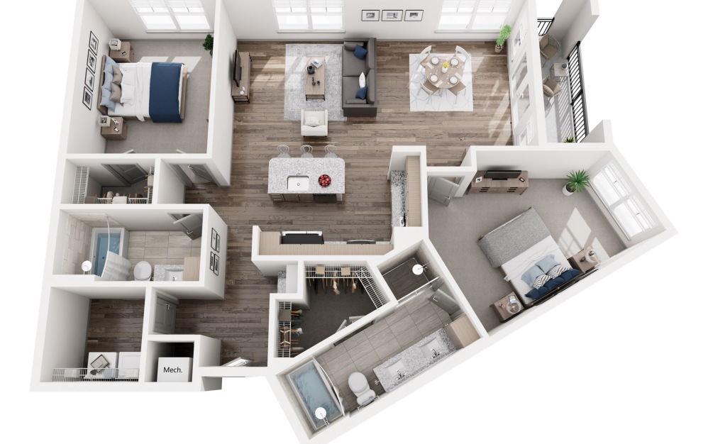 B6 - 2 bedroom floorplan layout with 2 bathrooms and 1262 square feet (3D)