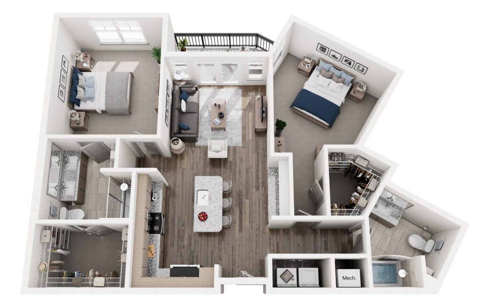 B7 - 2 bedroom floorplan layout with 2 bathrooms and 1097 square feet (3D)