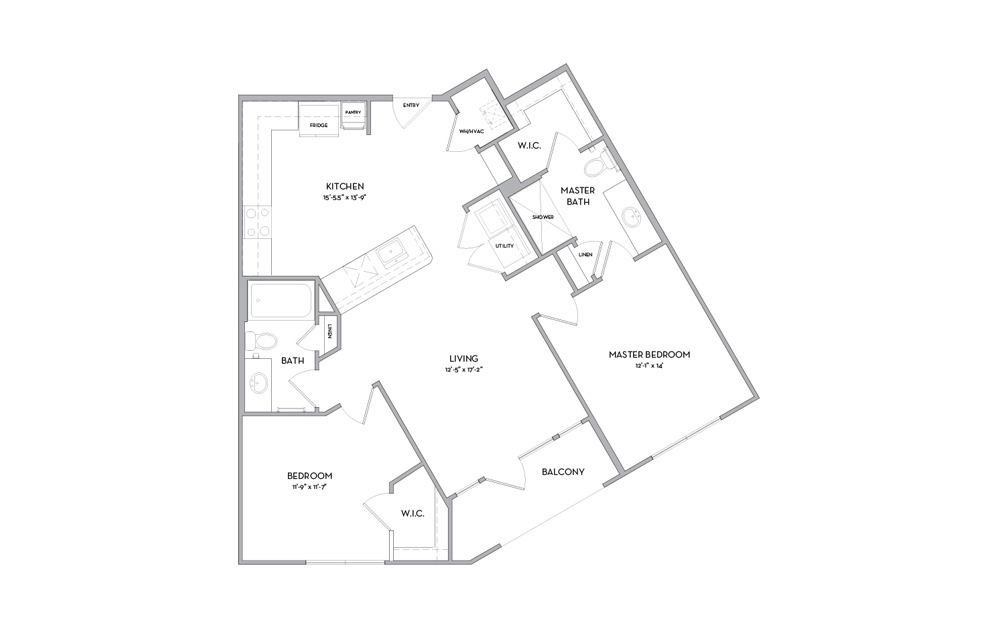 B2 - 2 bedroom floorplan layout with 2 baths and 1078 square feet.