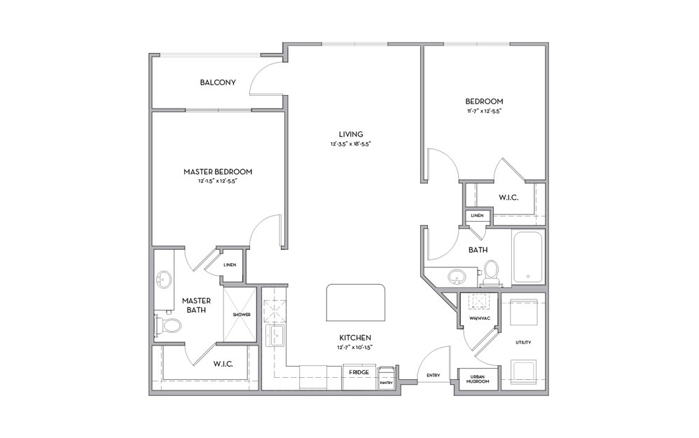 B4 - 2 bedroom floorplan layout with 2 baths and 1080 square feet.