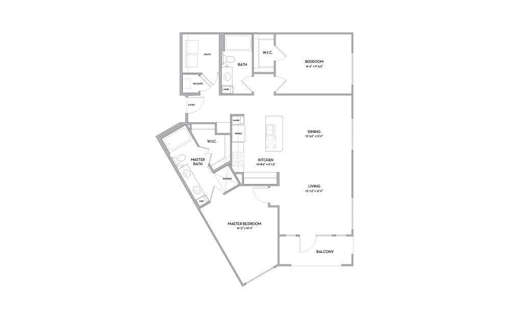 B6 - 2 bedroom floorplan layout with 2 baths and 1262 square feet.