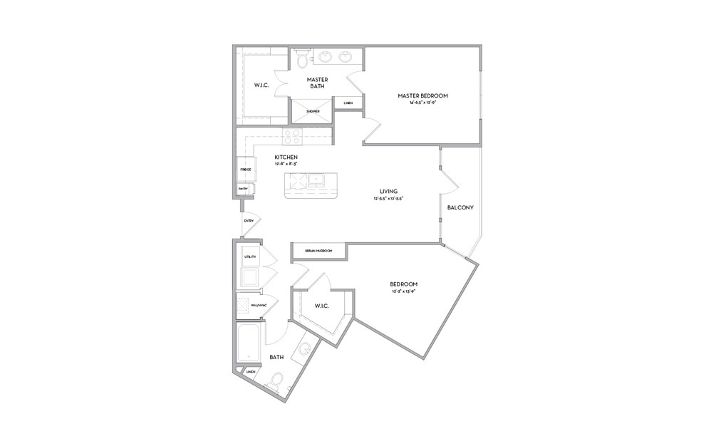 B7 - 2 bedroom floorplan layout with 2 baths and 1097 square feet.
